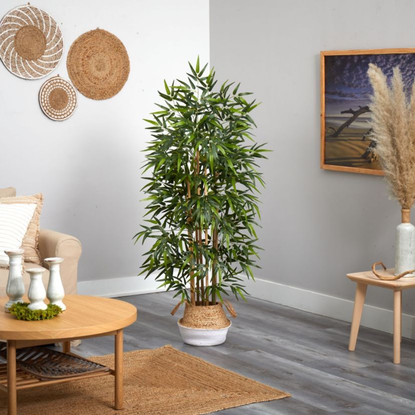 64-Inch Bamboo Artificial Tree with Natural Bamboo Trunks in Boho Chic Handmade Cotton and Jute White Woven Planter