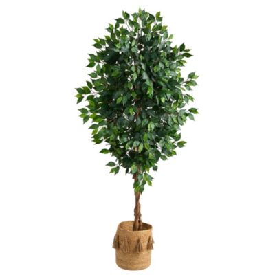 Nearly Natural 6-Foot Ficus Artificial Tree with Natural Trunk in Handmade Natural Jute Planter with Tassels, Green