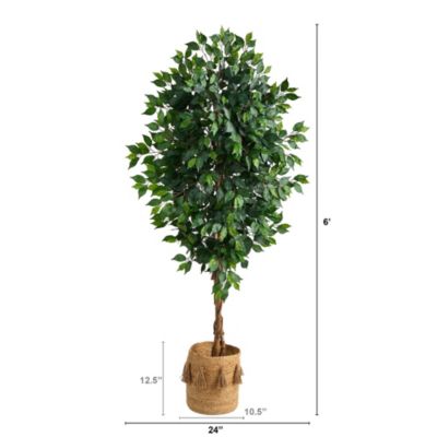 6-Foot Ficus Artificial Tree with Natural Trunk in Handmade Natural Jute Planter with Tassels