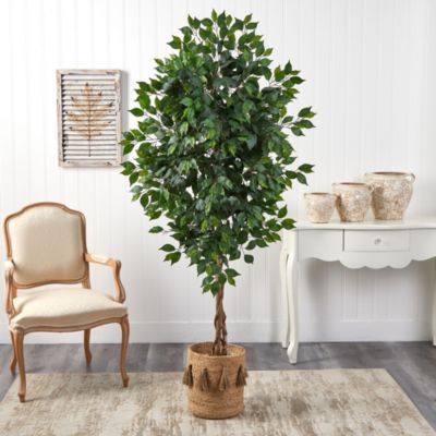 6-Foot Ficus Artificial Tree with Natural Trunk in Handmade Natural Jute Planter with Tassels