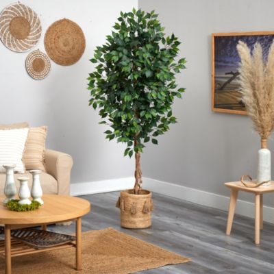 6-Foot Ficus Artificial Tree with Natural Trunk in Handmade Natural Jute Planter with Tassels