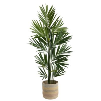 7-Foot Kentia Artificial Palm in Handmade Natural Cotton Multicolored Woven Planter