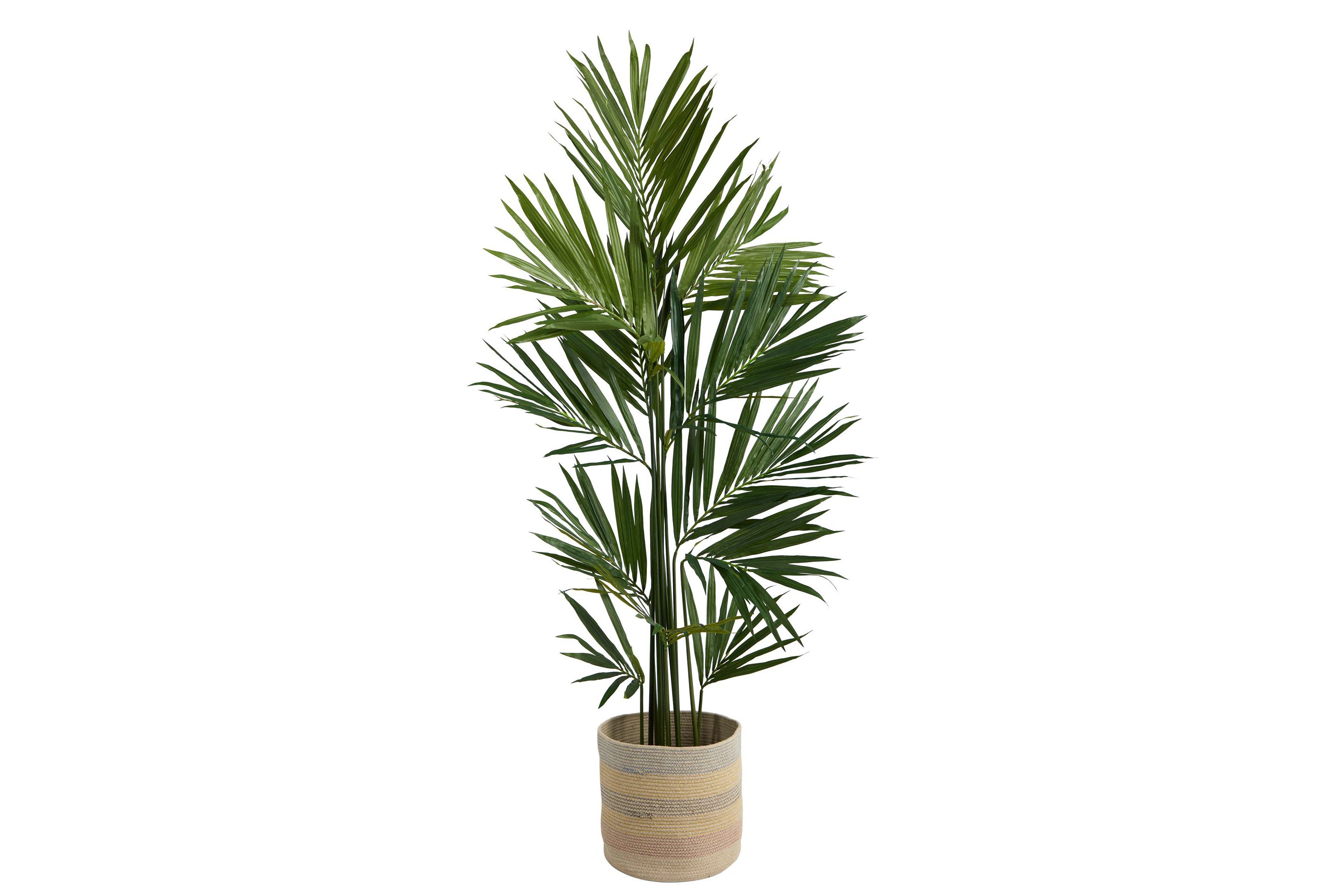 7-Foot Kentia Artificial Palm in Handmade Natural Cotton Multicolored Woven Planter