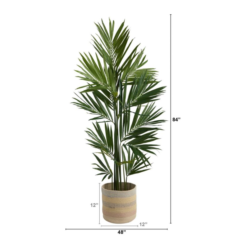 7-Foot Kentia Artificial Palm in Handmade Natural Cotton Multicolored Woven Planter