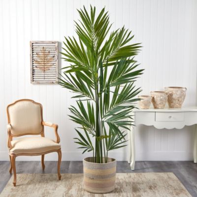 7-Foot Kentia Artificial Palm in Handmade Natural Cotton Multicolored Woven Planter