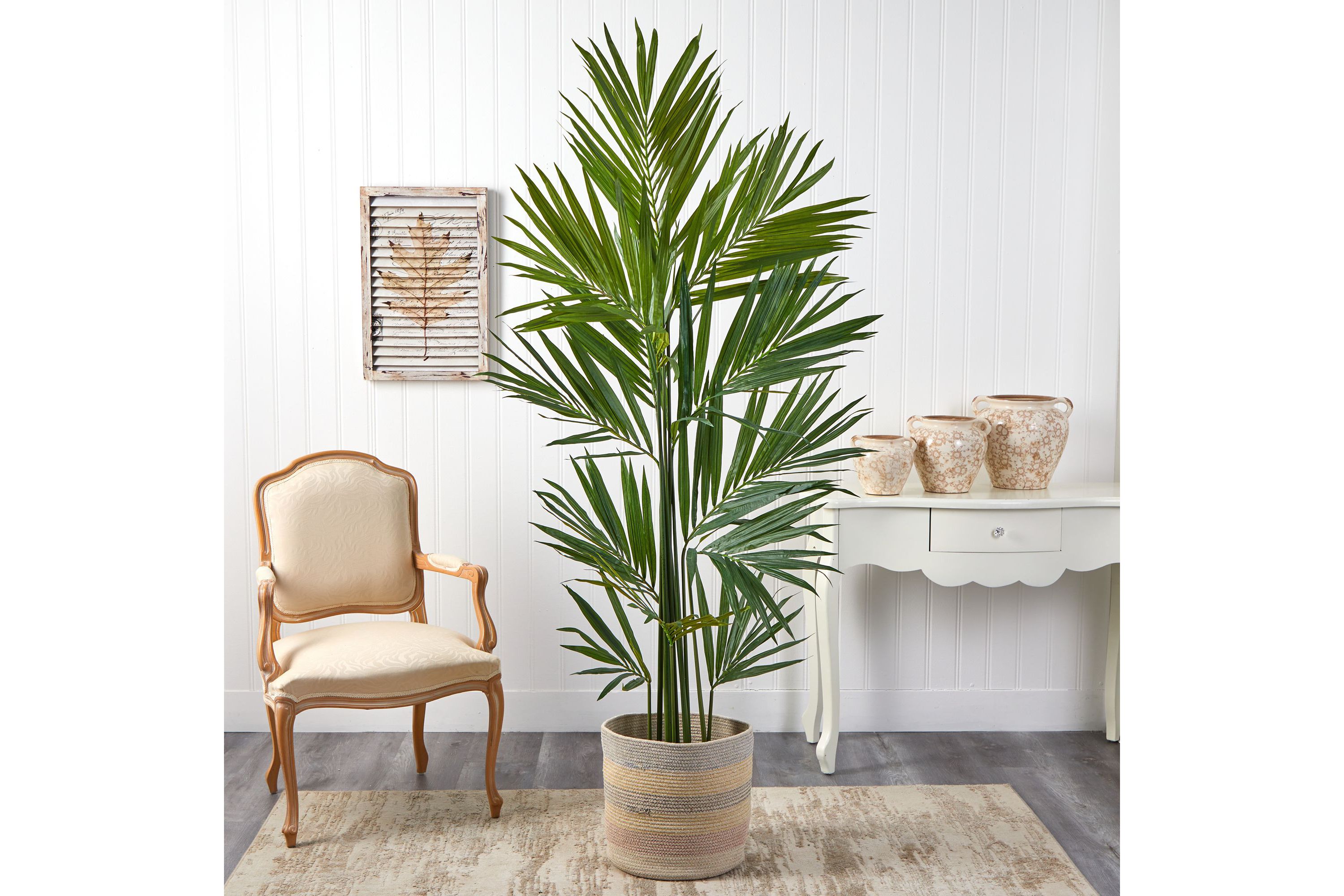 7-Foot Kentia Artificial Palm in Handmade Natural Cotton Multicolored Woven Planter