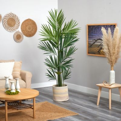 7-Foot Kentia Artificial Palm in Handmade Natural Cotton Multicolored Woven Planter