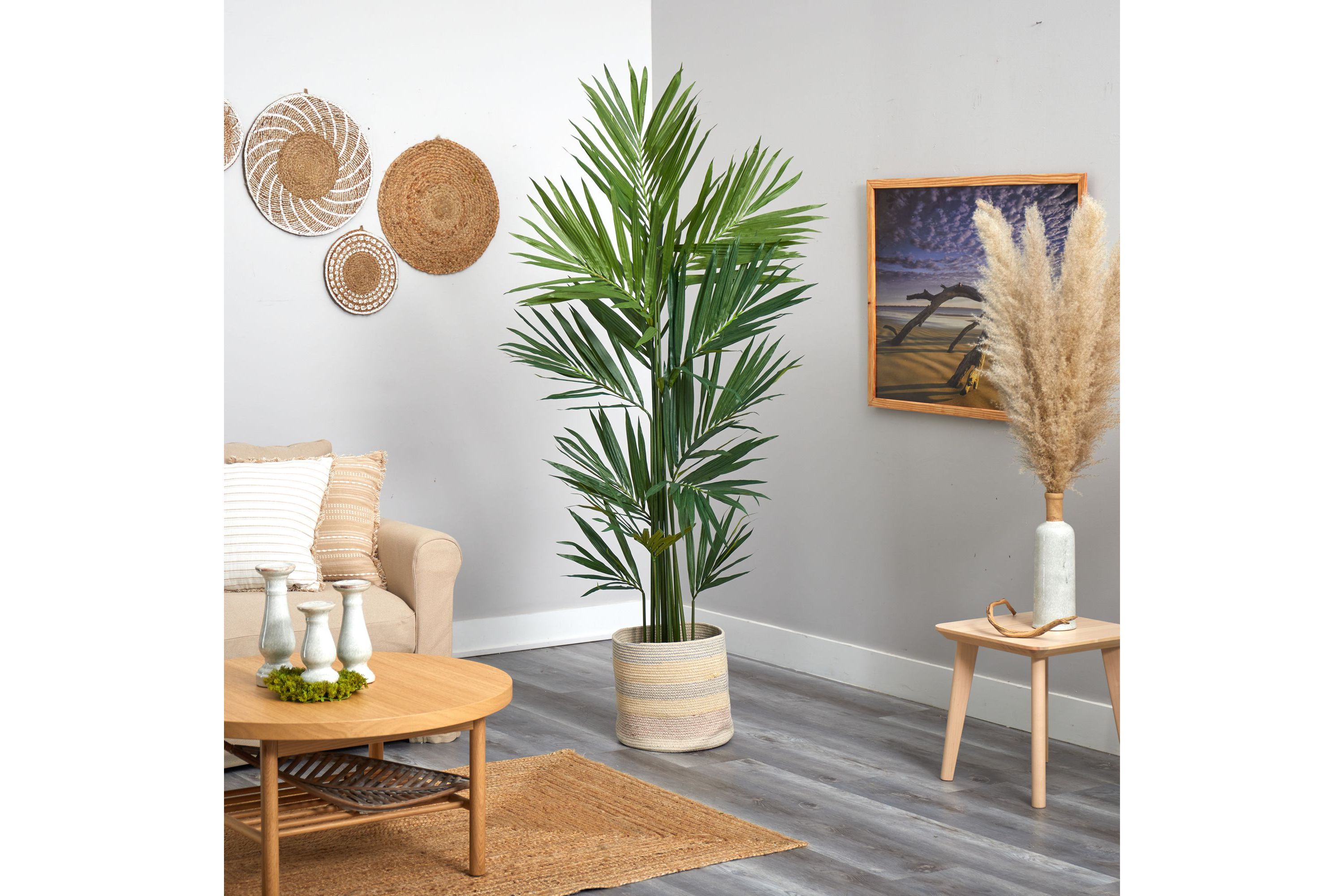 7-Foot Kentia Artificial Palm in Handmade Natural Cotton Multicolored Woven Planter