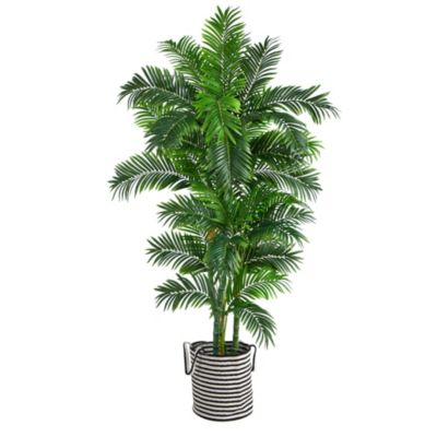 Nearly Natural 6-Foot Curvy Parlor Artificial Palm Tree in Handmade Black and White Natural Jute and Cotton Planter, Green