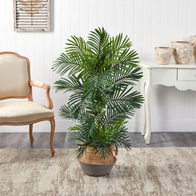 4-Foot Areca Artificial Palm Tree in Boho Chic Handmade Cotton and Jute Gray Woven Planter UV Resistant (Indoor/Outdoor)