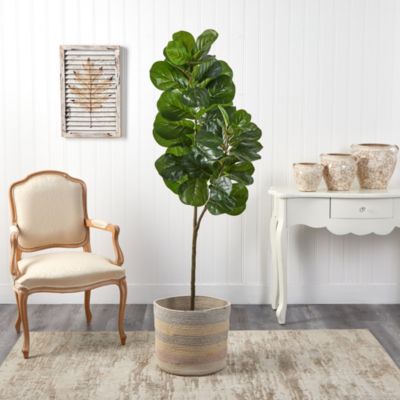 5.5-Foot Fiddle Leaf Fig Artificial Tree in Handmade Natural Cotton Multicolored Woven Planter