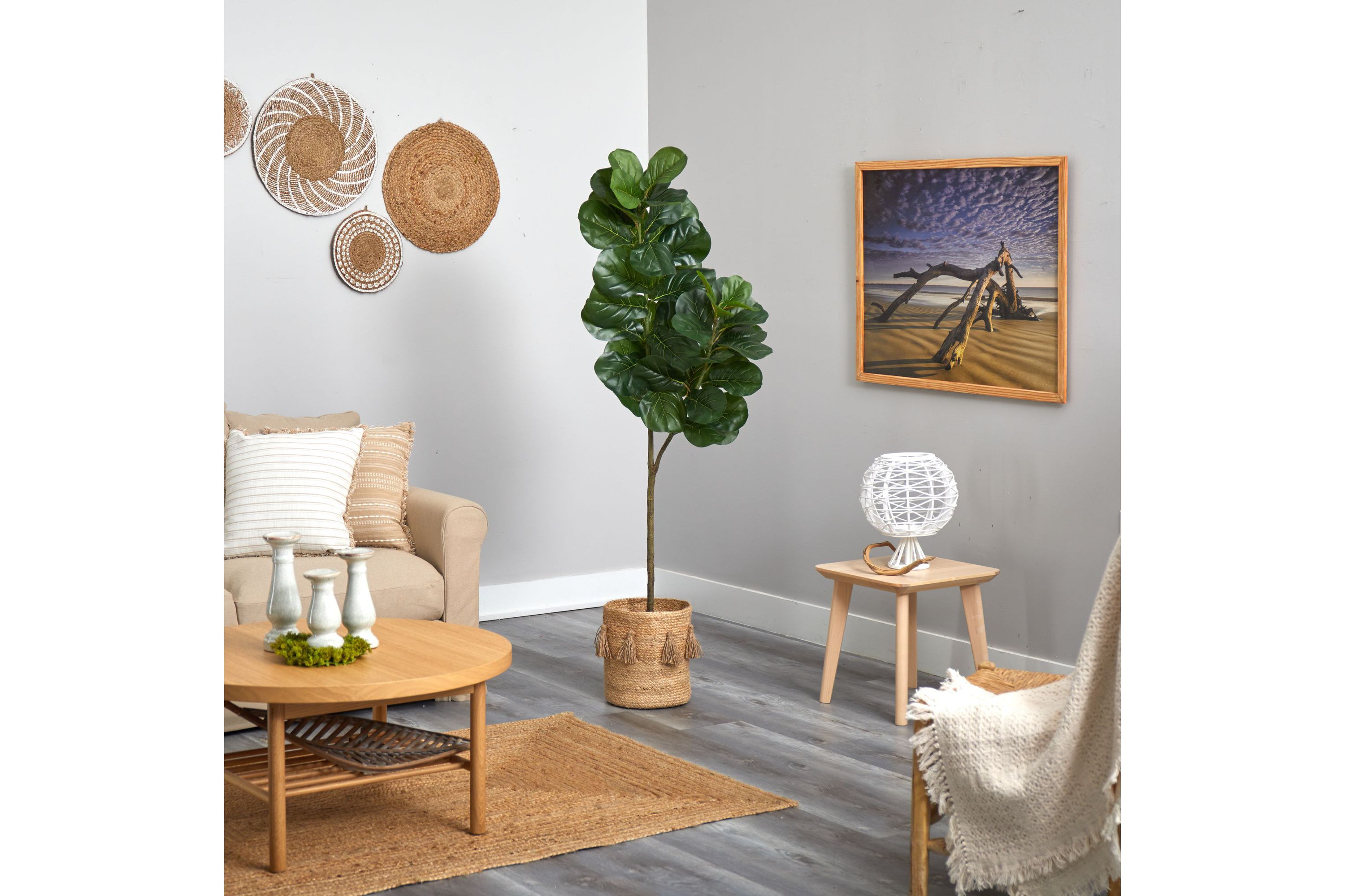 5.5-Foot Fiddle Leaf Fig Artificial Tree in Handmade Natural Jute Planter with Tassels