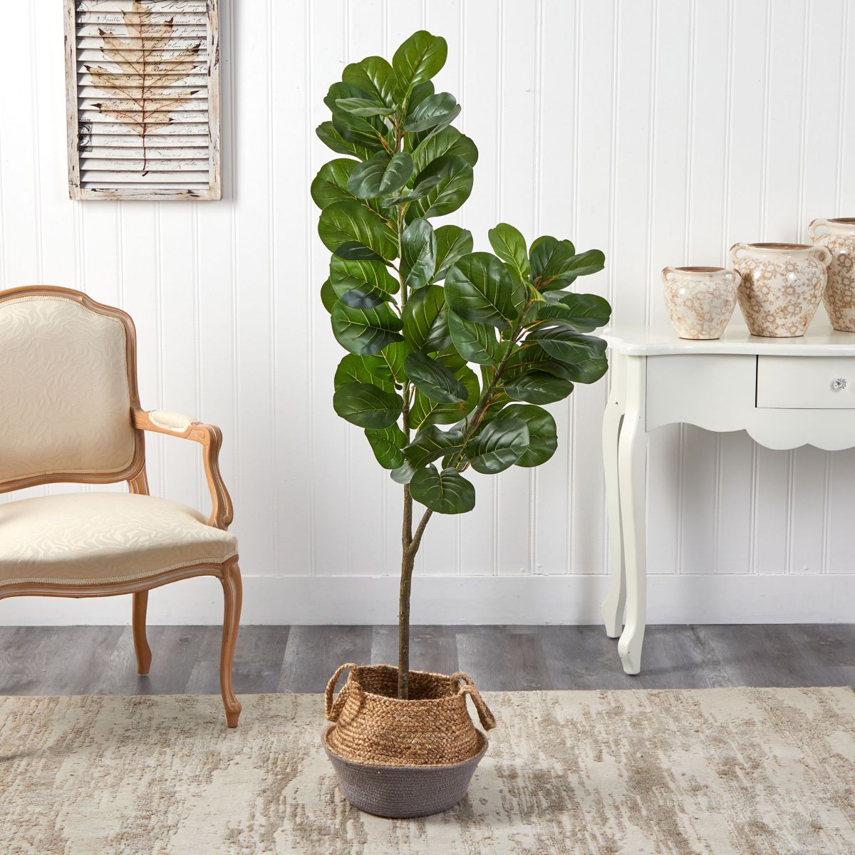 4.5-Foot Fiddle Leaf Fig Artificial Tree with Boho Chic Handmade Cotton and Jute White Woven Planter