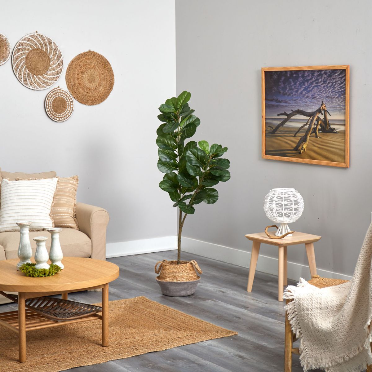 4.5-Foot Fiddle Leaf Fig Artificial Tree with Boho Chic Handmade Cotton and Jute White Woven Planter