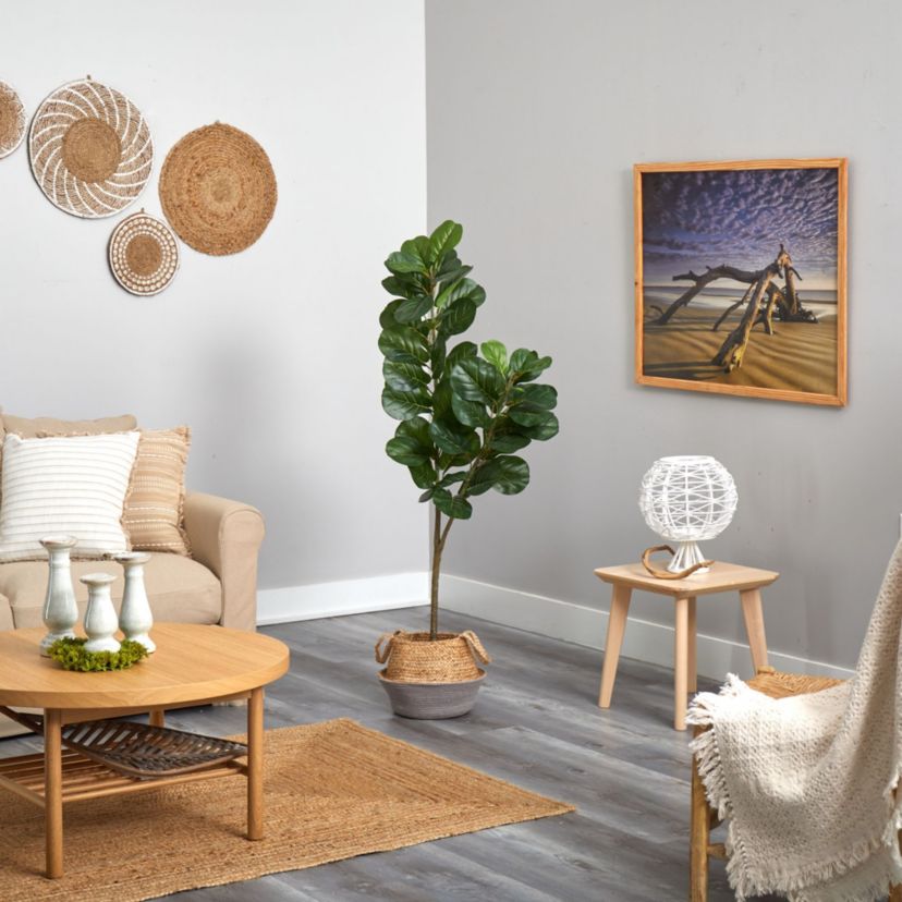 4.5-Foot Fiddle Leaf Fig Artificial Tree with Boho Chic Handmade Cotton and Jute White Woven Planter