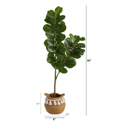 4.5-Foot Fiddle Leaf Fig Artificial Tree with Boho Chic Handmade Natural Cotton Woven Planter with Tassels