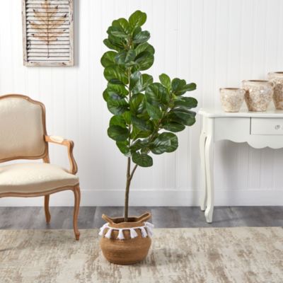 4.5-Foot Fiddle Leaf Fig Artificial Tree with Boho Chic Handmade Natural Cotton Woven Planter with Tassels