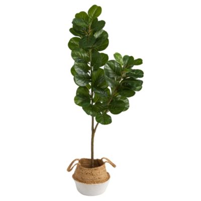 Nearly Natural 4.5-Foot Fiddle Leaf Fig Artificial Tree with Boho Chic Handmade Cotton and Jute White Woven Planter, Green