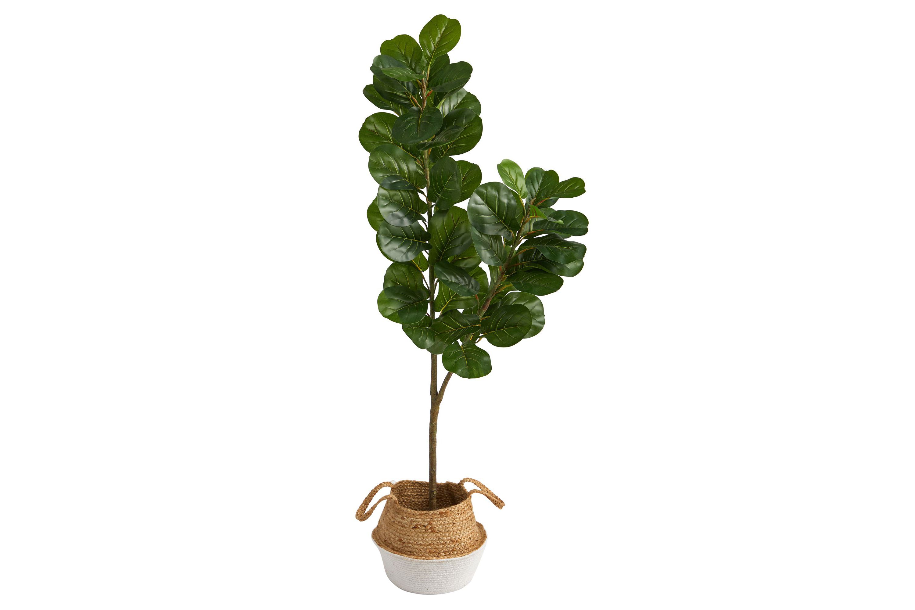 4.5-Foot Fiddle Leaf Fig Artificial Tree with Boho Chic Handmade Cotton and Jute White Woven Planter
