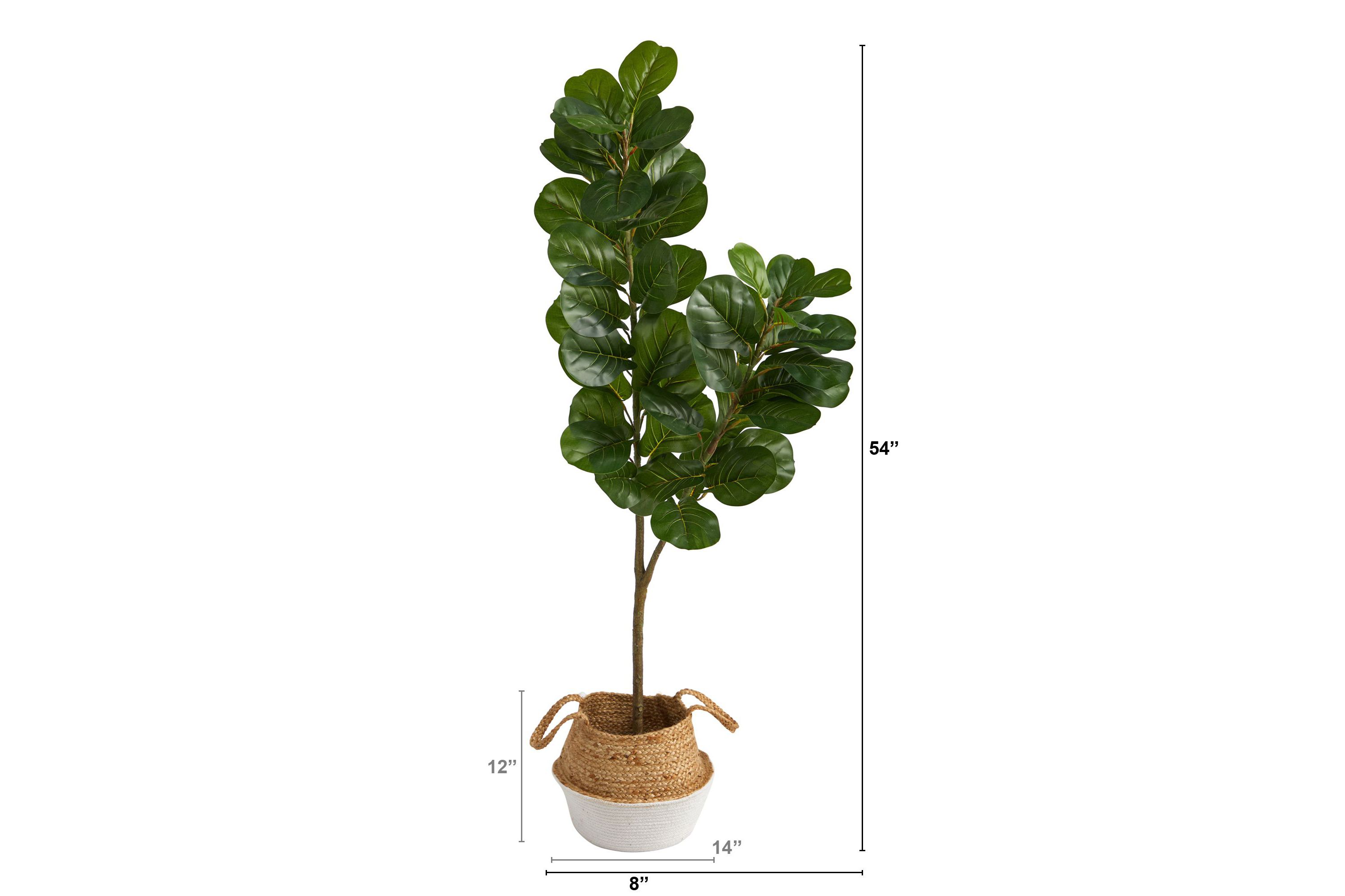 4.5-Foot Fiddle Leaf Fig Artificial Tree with Boho Chic Handmade Cotton and Jute White Woven Planter