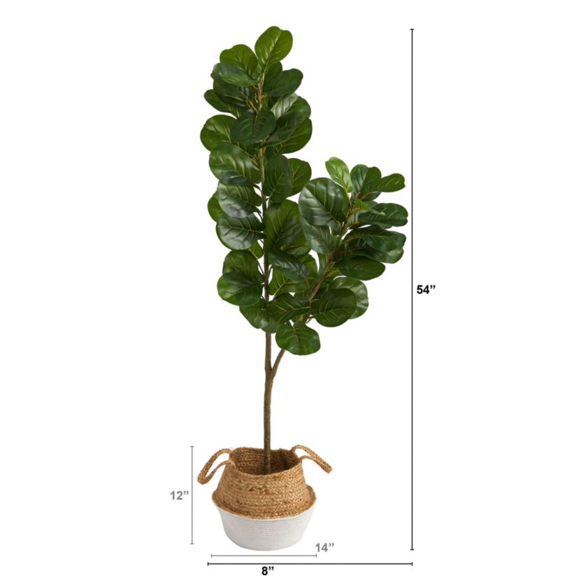 4.5-Foot Fiddle Leaf Fig Artificial Tree with Boho Chic Handmade Cotton and Jute White Woven Planter