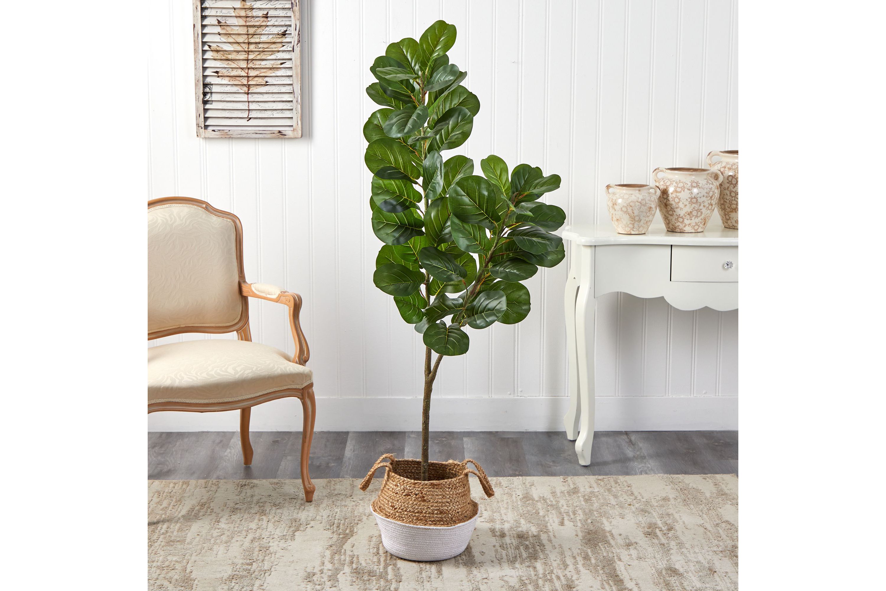 4.5-Foot Fiddle Leaf Fig Artificial Tree with Boho Chic Handmade Cotton and Jute White Woven Planter