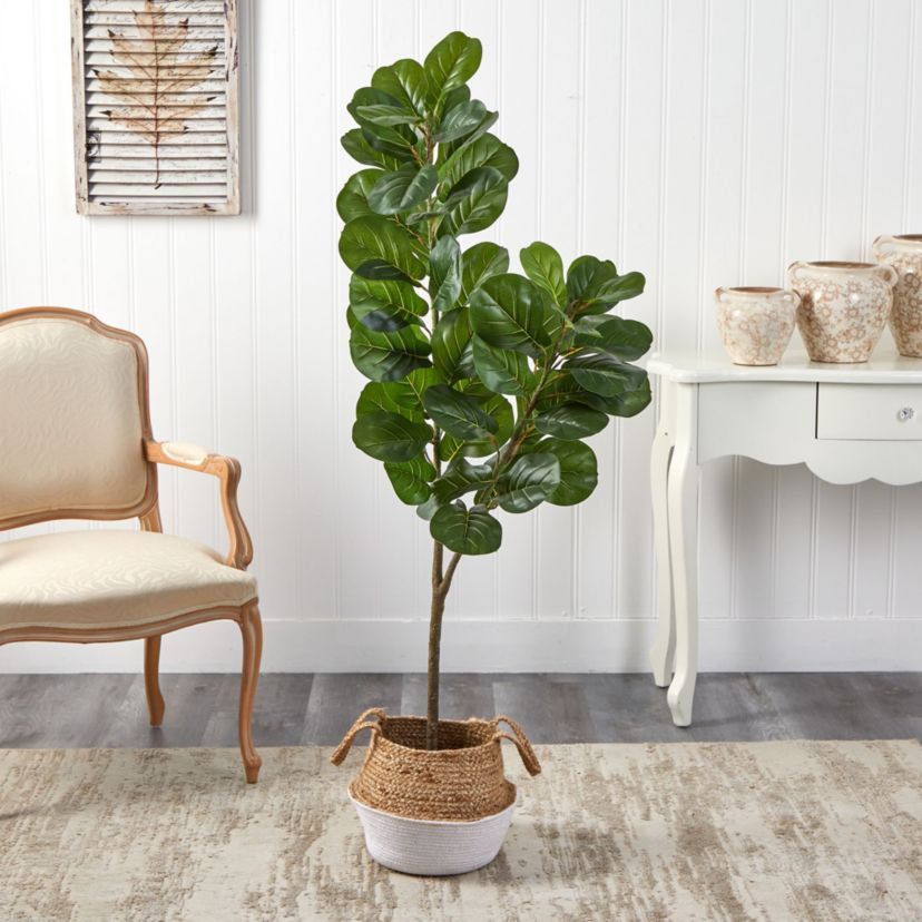 4.5-Foot Fiddle Leaf Fig Artificial Tree with Boho Chic Handmade Cotton and Jute White Woven Planter