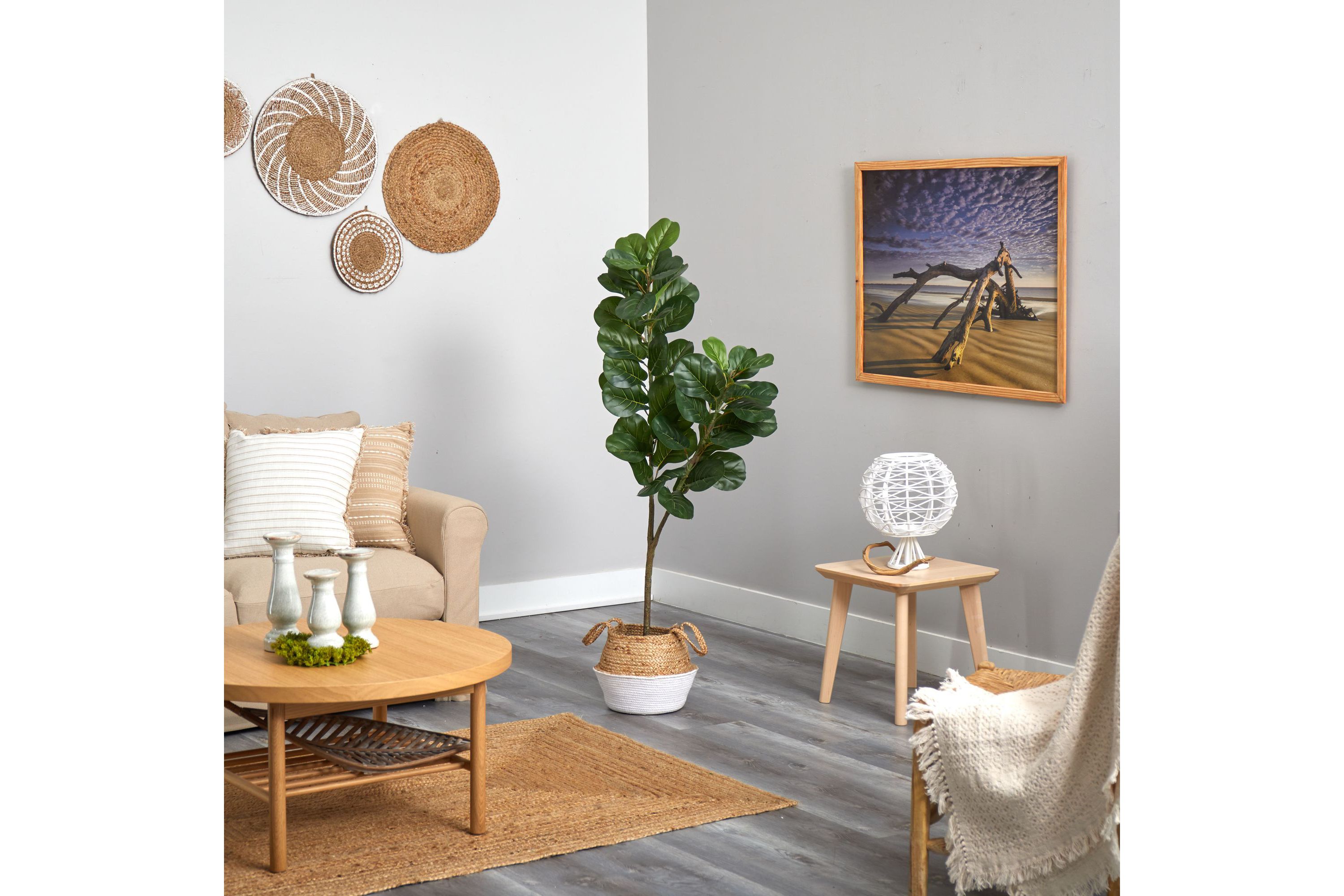 4.5-Foot Fiddle Leaf Fig Artificial Tree with Boho Chic Handmade Cotton and Jute White Woven Planter