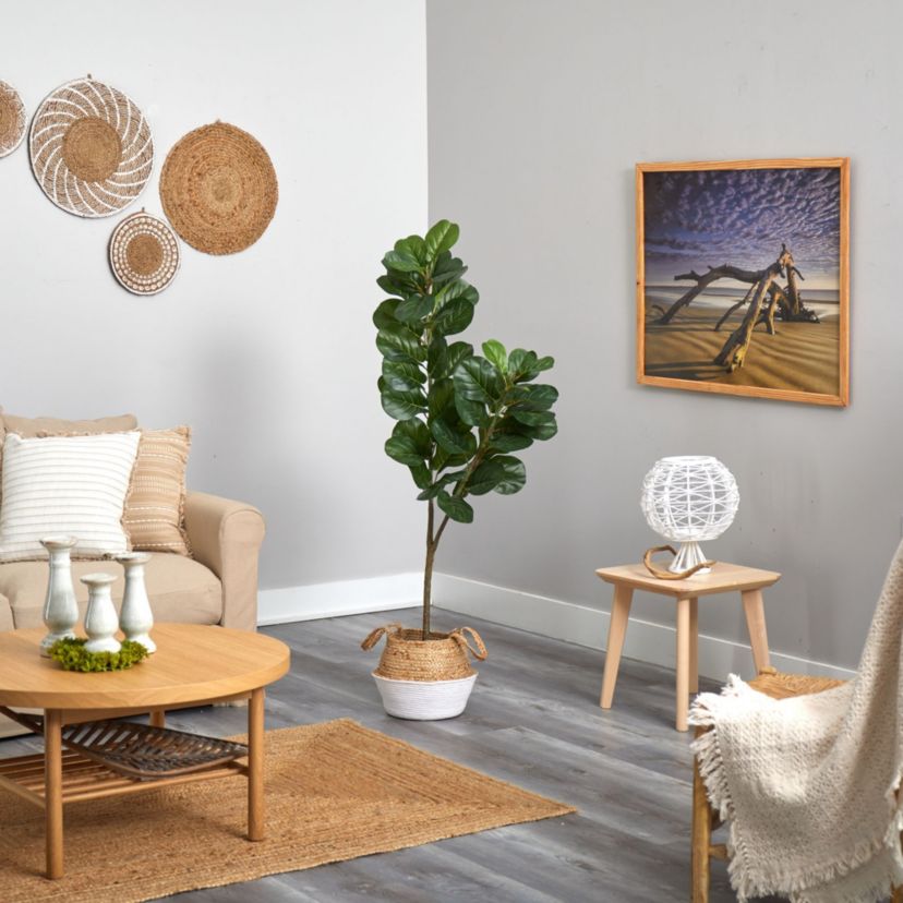 4.5-Foot Fiddle Leaf Fig Artificial Tree with Boho Chic Handmade Cotton and Jute White Woven Planter