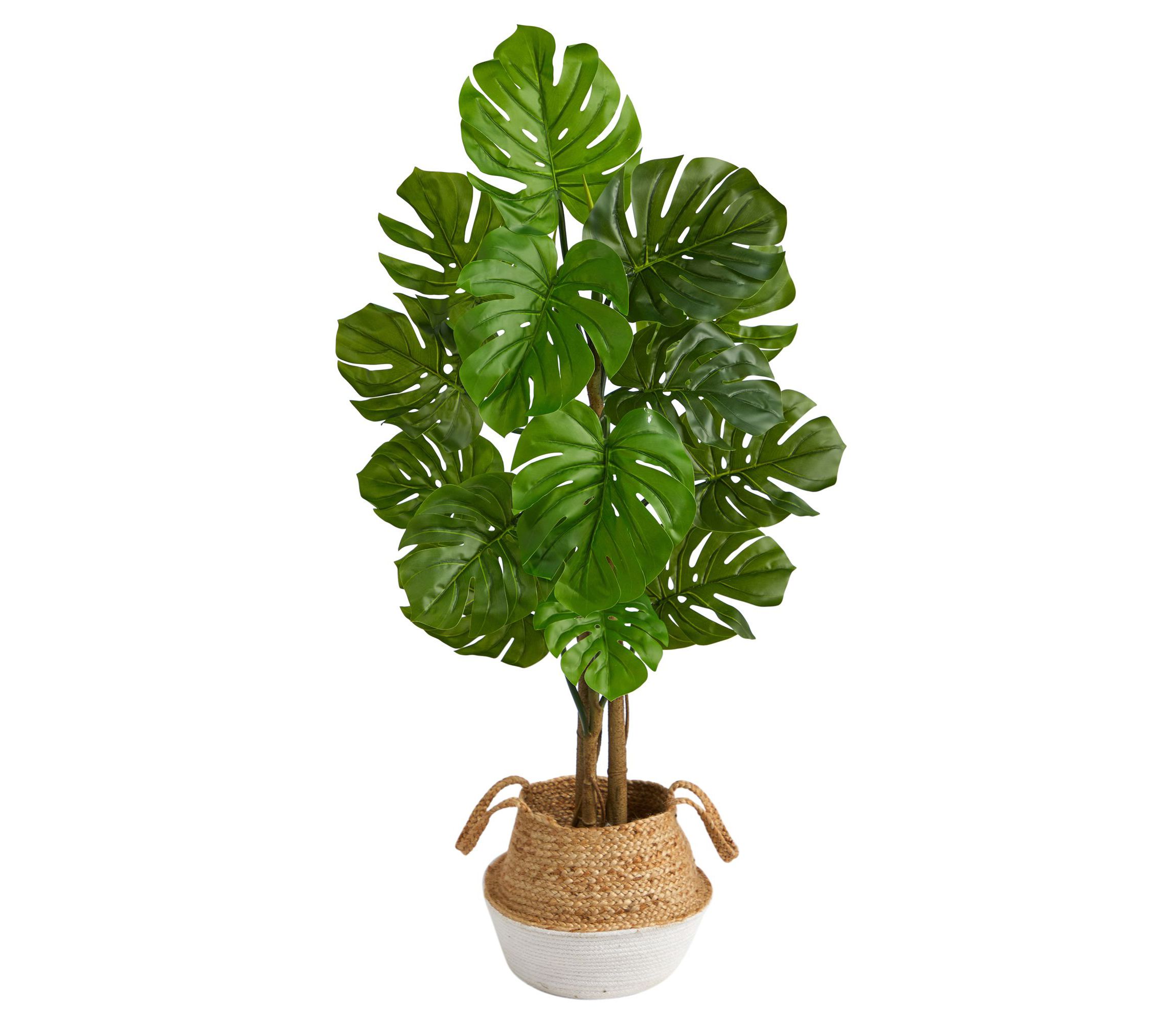 4-Foot Monstera Artificial Tree in Boho Chic Handmade Cotton and Jute White Woven Planter UV Resistant (Indoor/Outdoor)