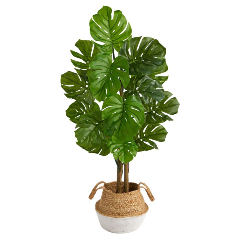 4-Foot Monstera Artificial Tree in Boho Chic Handmade Cotton and Jute White Woven Planter UV Resistant (Indoor/Outdoor)