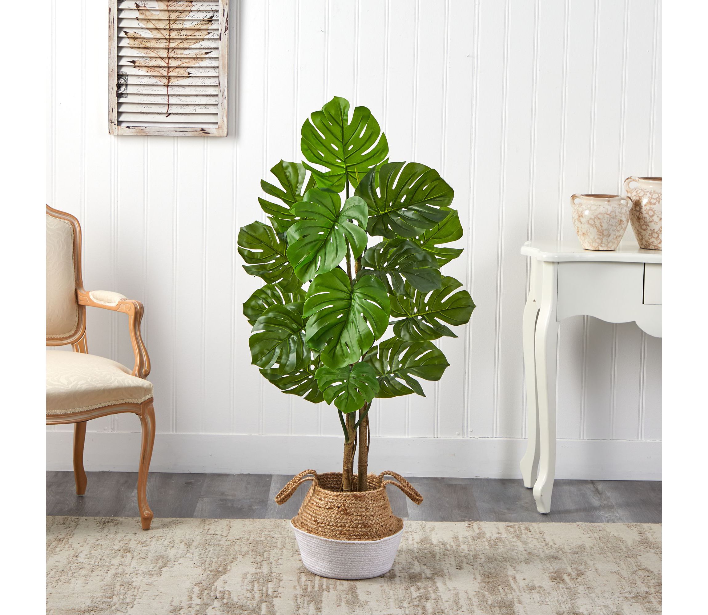 4-Foot Monstera Artificial Tree in Boho Chic Handmade Cotton and Jute White Woven Planter UV Resistant (Indoor/Outdoor)