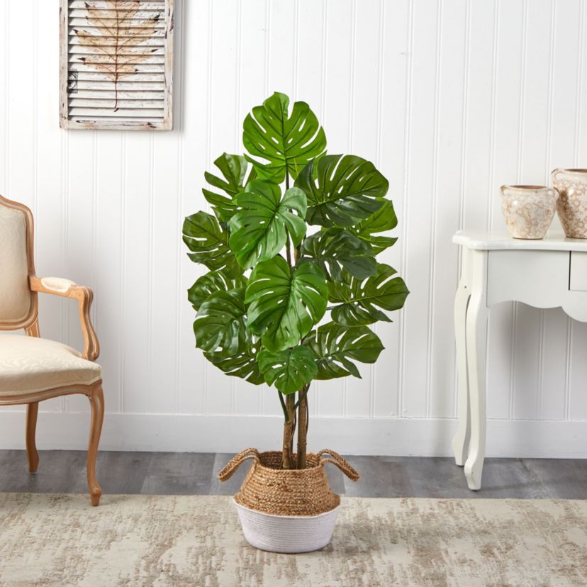 4-Foot Monstera Artificial Tree in Boho Chic Handmade Cotton and Jute White Woven Planter UV Resistant (Indoor/Outdoor)