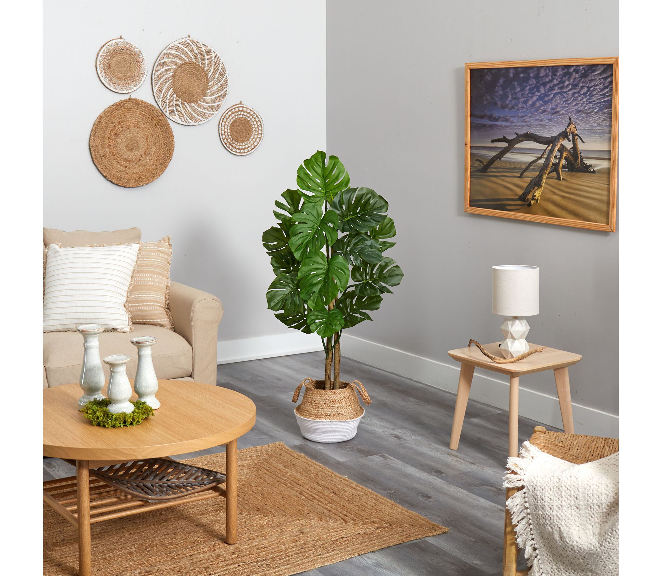 4-Foot Monstera Artificial Tree in Boho Chic Handmade Cotton and Jute White Woven Planter UV Resistant (Indoor/Outdoor)