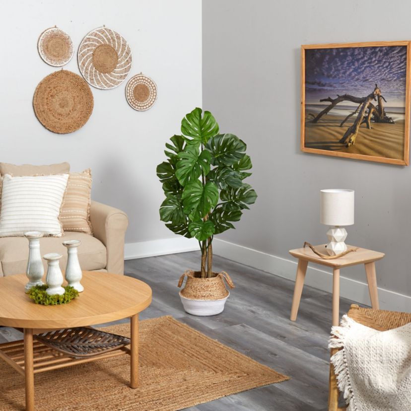 4-Foot Monstera Artificial Tree in Boho Chic Handmade Cotton and Jute White Woven Planter UV Resistant (Indoor/Outdoor)