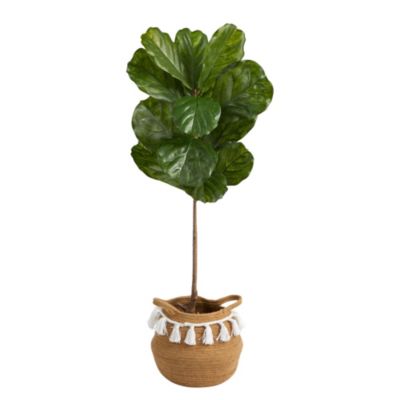4-Foot Fiddle Leaf Artificial Tree in Boho Chic Handmade Natural Cotton Woven Planter with Tassels UV Resistant (Indoor/Outdoor)