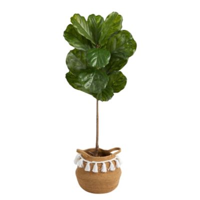 Nearly Natural 4-Foot Fiddle Leaf Artificial Tree in Boho Chic Handmade Natural Cotton Woven Planter with Tassels UV Resistant (Indoor/Outdoor)