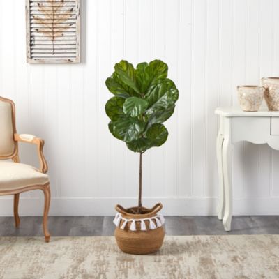 4-Foot Fiddle Leaf Artificial Tree in Boho Chic Handmade Natural Cotton Woven Planter with Tassels UV Resistant (Indoor/Outdoor)