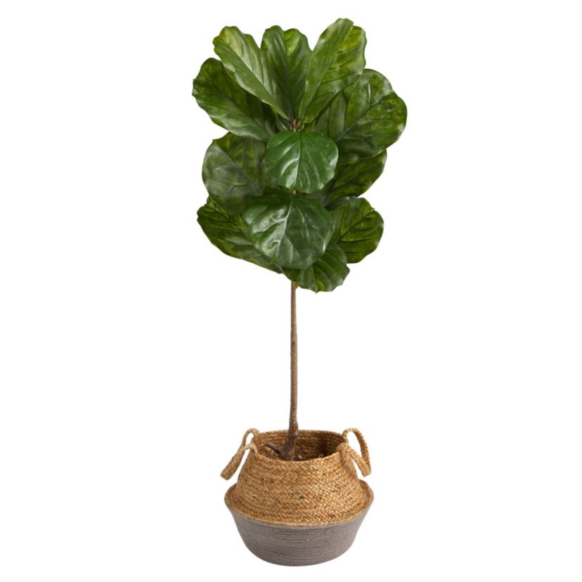 4-Foot Fiddle Leaf Artificial Tree in Boho Chic Handmade Cotton and Jute Gray Woven Planter UV Resistant (Indoor/Outdoor)