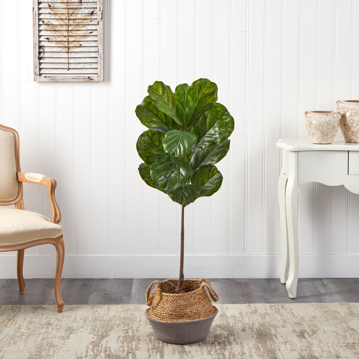 4-Foot Fiddle Leaf Artificial Tree in Boho Chic Handmade Cotton and Jute Gray Woven Planter UV Resistant (Indoor/Outdoor)