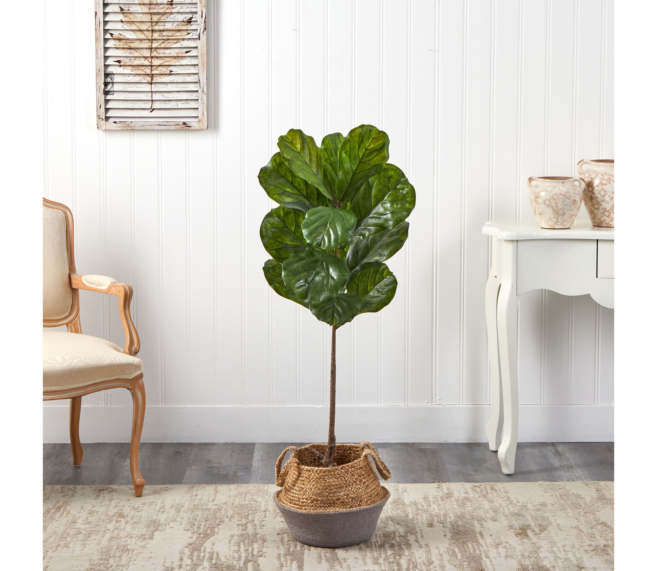 4-Foot Fiddle Leaf Artificial Tree in Boho Chic Handmade Cotton and Jute Gray Woven Planter UV Resistant (Indoor/Outdoor)