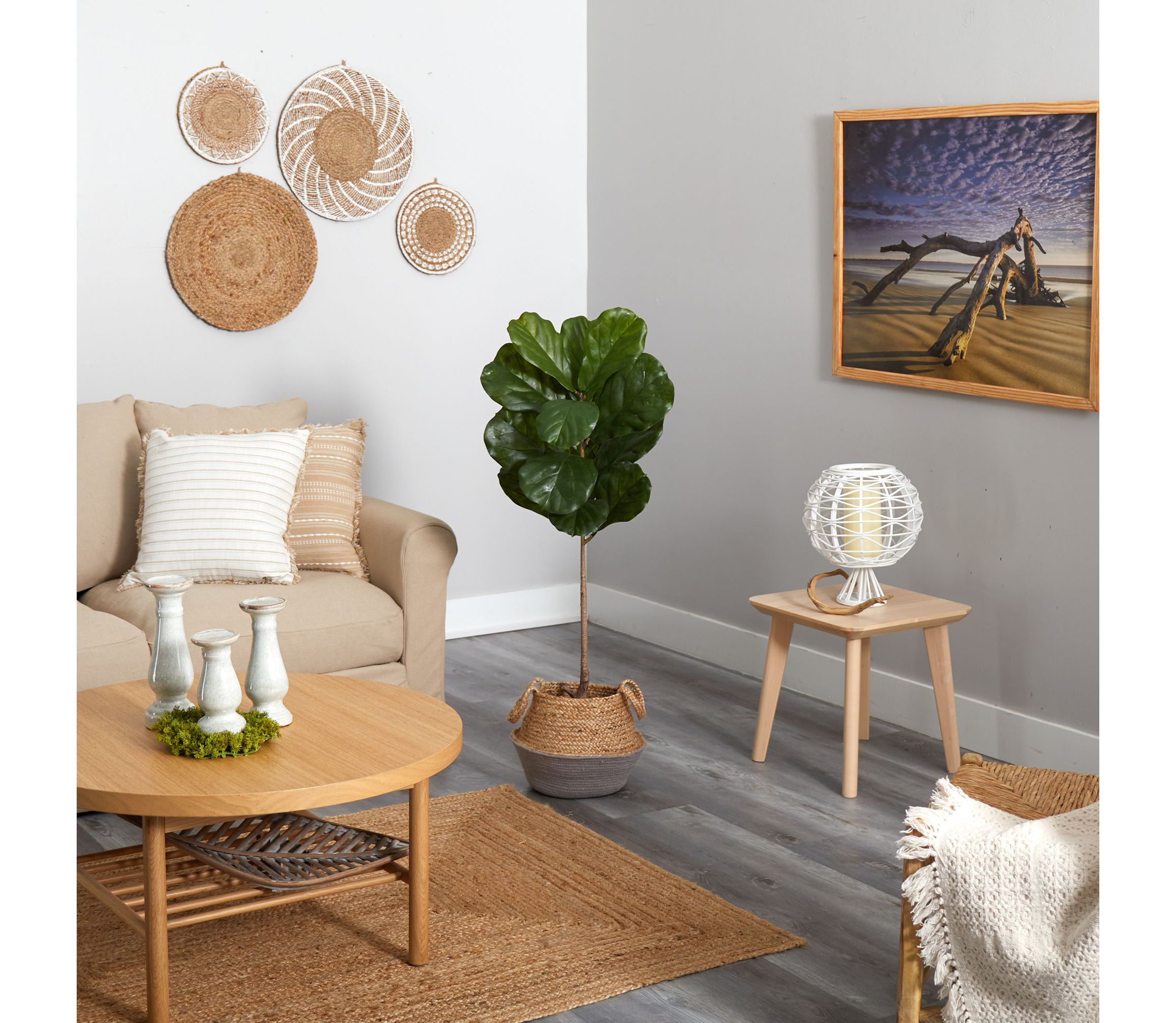 4-Foot Fiddle Leaf Artificial Tree in Boho Chic Handmade Cotton and Jute Gray Woven Planter UV Resistant (Indoor/Outdoor)