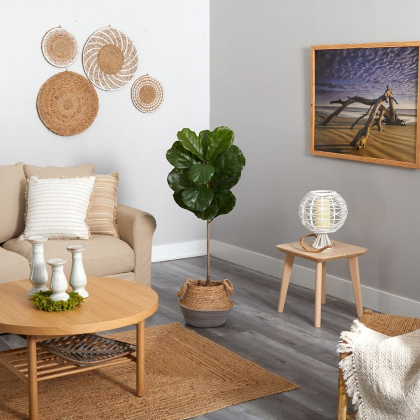 4-Foot Fiddle Leaf Artificial Tree in Boho Chic Handmade Cotton and Jute Gray Woven Planter UV Resistant (Indoor/Outdoor)