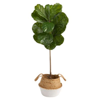 Nearly Natural 4-Foot Fiddle Leaf Artificial Tree in Boho Chic Handmade Cotton and Jute White Woven Planter UV Resistant (Indoor/Outdoor)