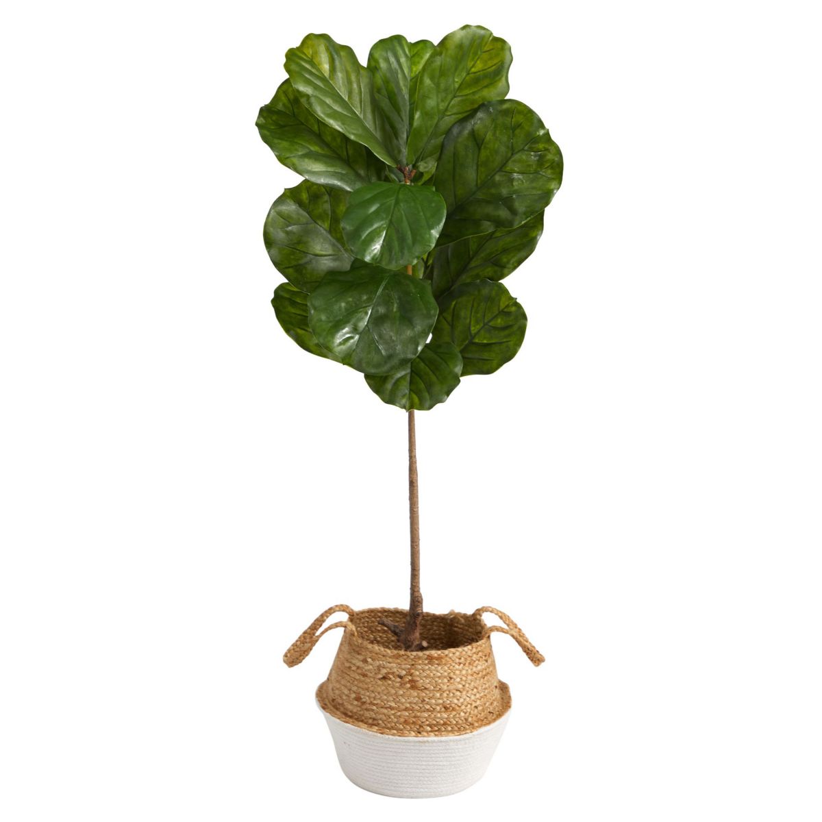 4-Foot Fiddle Leaf Artificial Tree in Boho Chic Handmade Cotton and Jute White Woven Planter UV Resistant (Indoor/Outdoor)