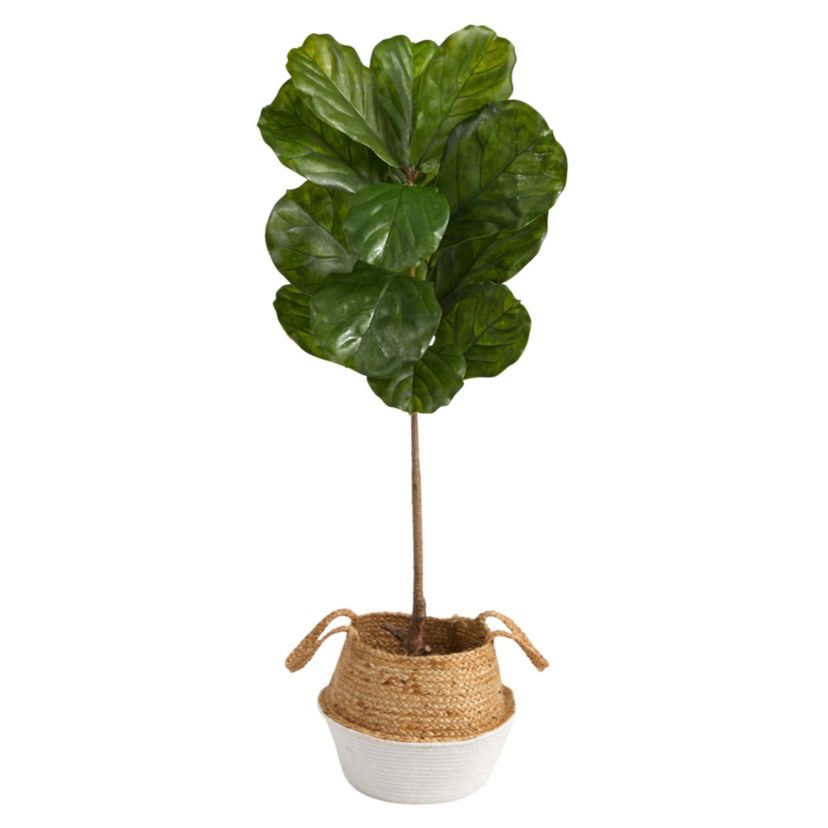 4-Foot Fiddle Leaf Artificial Tree in Boho Chic Handmade Cotton and Jute White Woven Planter UV Resistant (Indoor/Outdoor)