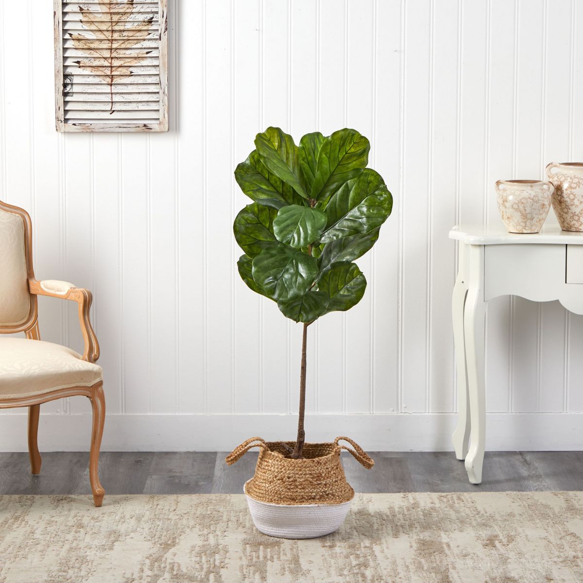 4-Foot Fiddle Leaf Artificial Tree in Boho Chic Handmade Cotton and Jute White Woven Planter UV Resistant (Indoor/Outdoor)