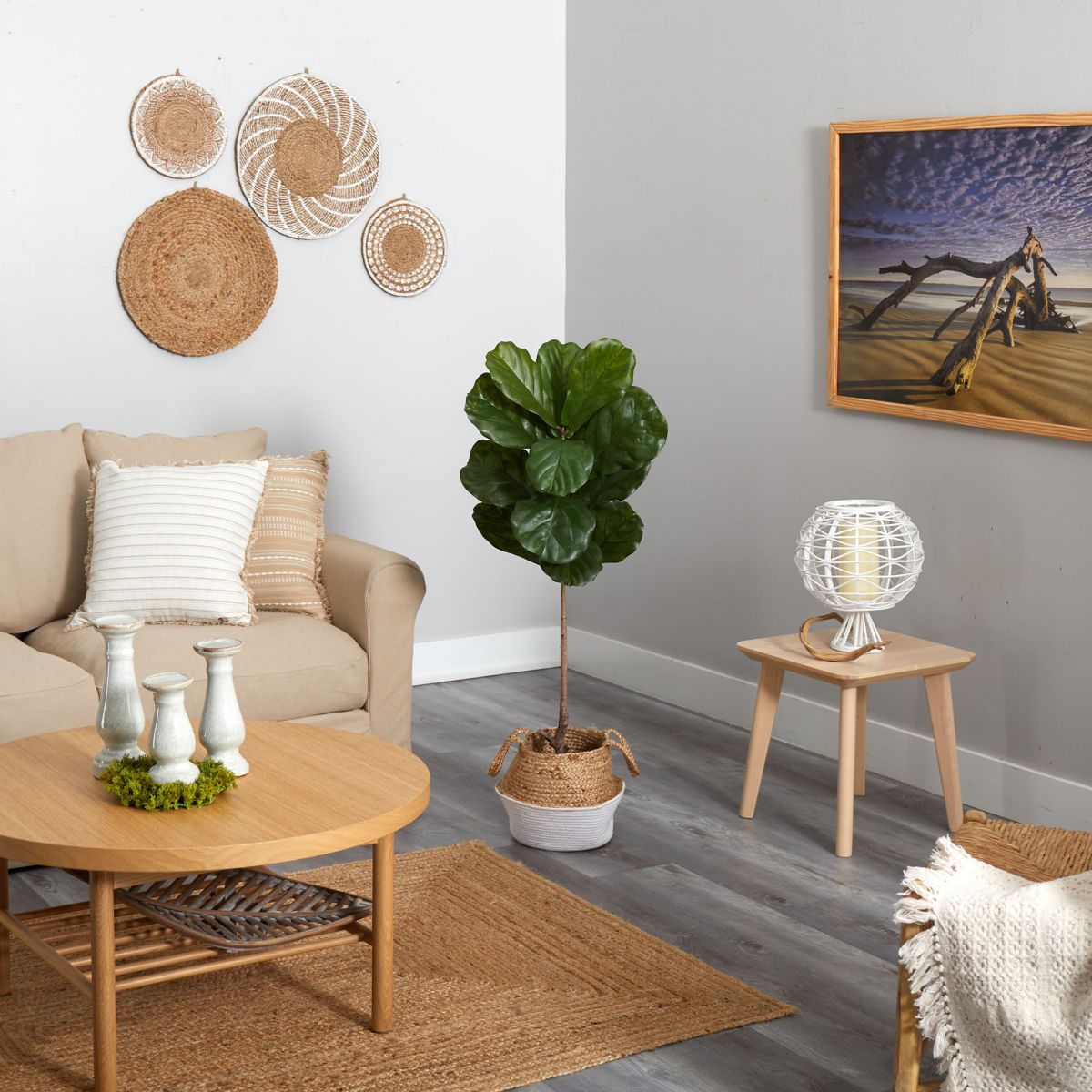 4-Foot Fiddle Leaf Artificial Tree in Boho Chic Handmade Cotton and Jute White Woven Planter UV Resistant (Indoor/Outdoor)