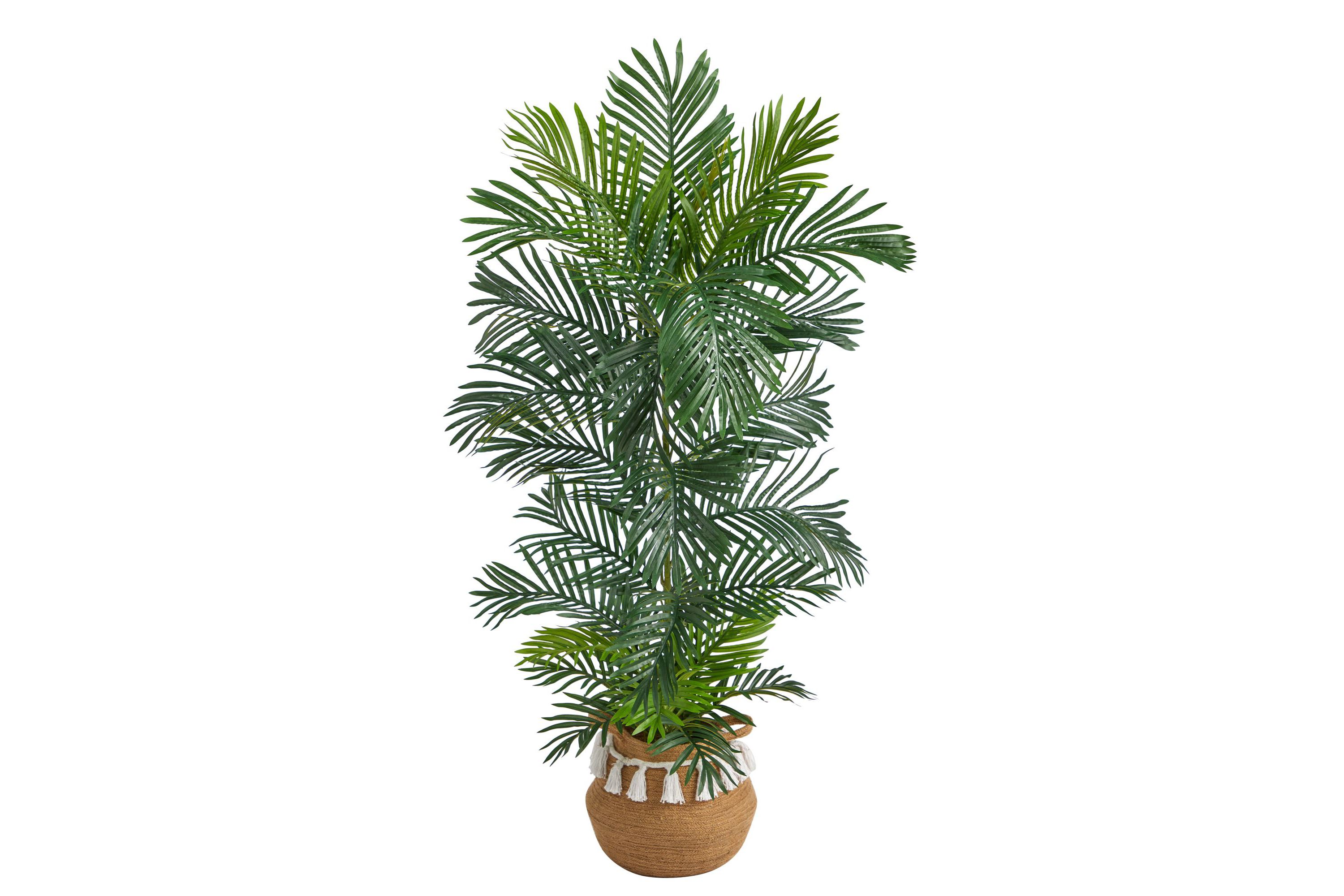 5-Foot Areca Artificial Palm Tree in Boho Chic Handmade Natural Cotton Woven Planter with Tassels UV Resistant (Indoor/Outdoor)