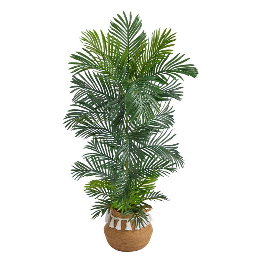 5-Foot Areca Artificial Palm Tree in Boho Chic Handmade Natural Cotton Woven Planter with Tassels UV Resistant (Indoor/Outdoor)